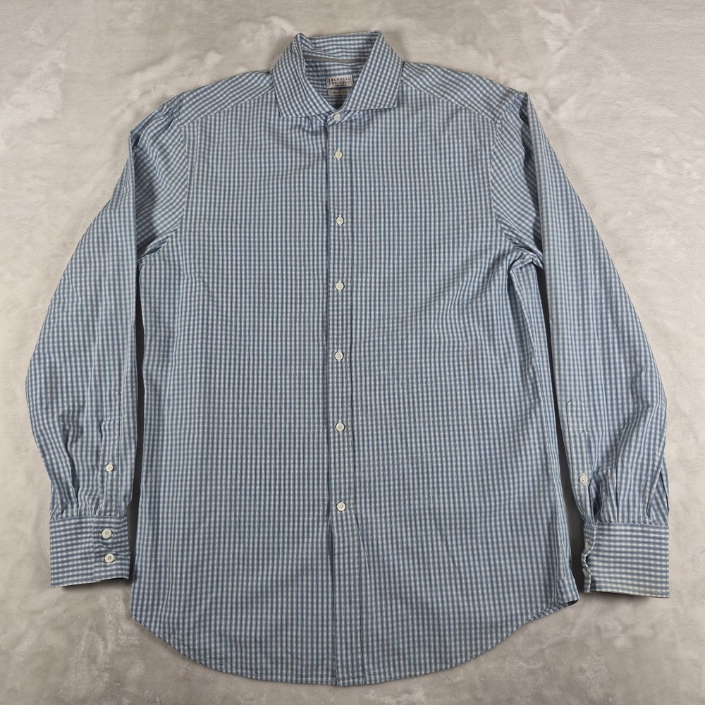 Brunello Cucinelli Button Up Shirt Men's Large Blue Check Basic Fit Italy